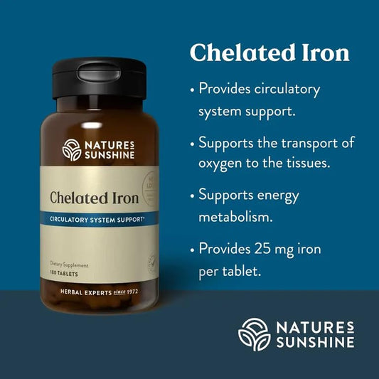 Close-up of Nature's Sunshine iron-chelated tablets with gentle formula.