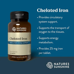 Close-up of Nature's Sunshine iron-chelated tablets with gentle formula.