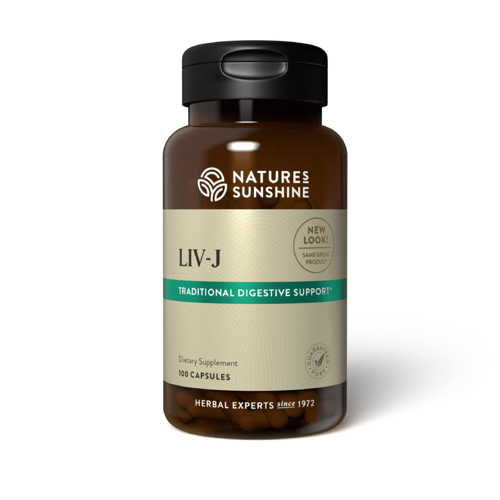 Nature's Sunshine LIV-J capsules on bottle suggest liver and spleen support.