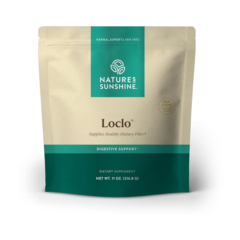 Nature's Sunshine Loclo bottle label shows fiber support and nutritious ingredients.