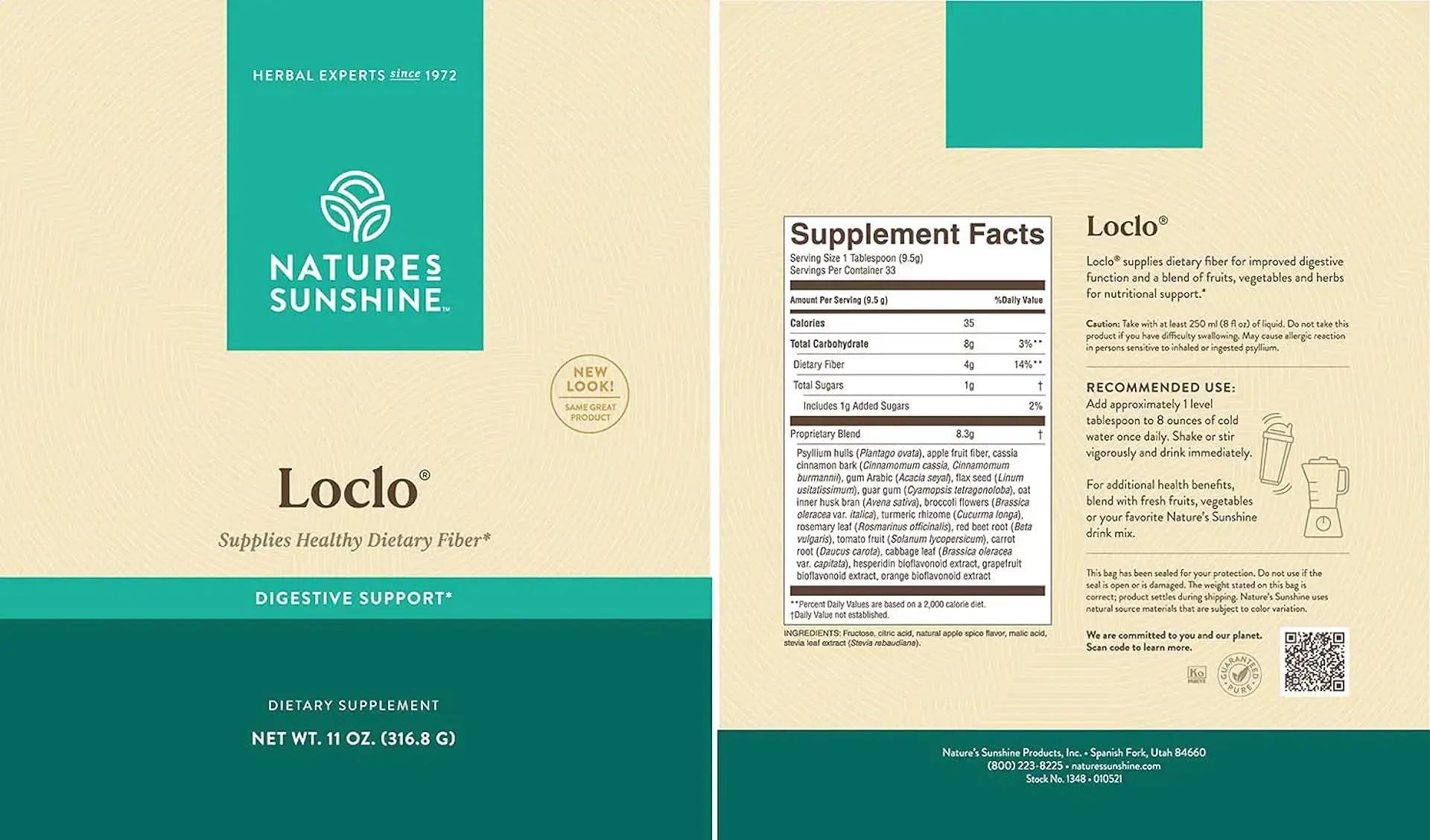Close-up of Nature's Sunshine Loclo packaging emphasizing fruits and vegetables blend.