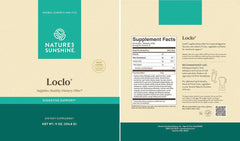 Close-up of Nature's Sunshine Loclo packaging emphasizing fruits and vegetables blend.