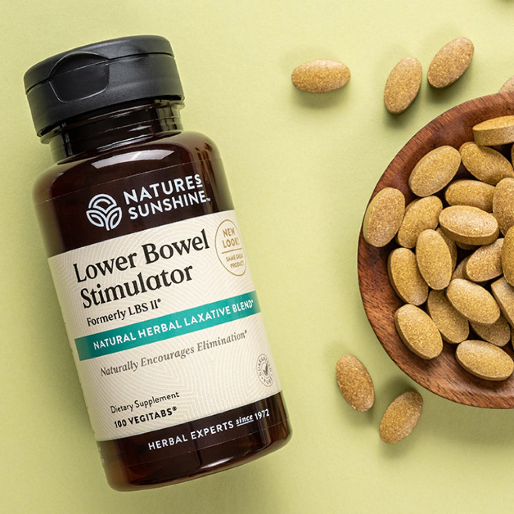 Nature's Sunshine Lower Bowel Stimulator capsules ready for gentle daily use.