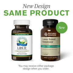 Nature's Sunshine Lower Bowel Stimulator packaging highlighting 25 servings and natural formula.