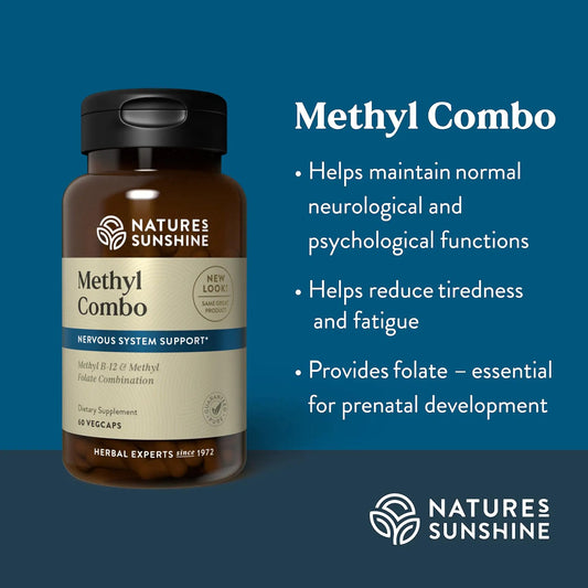 Nature's Sunshine Methyl Combo bottle side label highlighting B12 and folate benefits