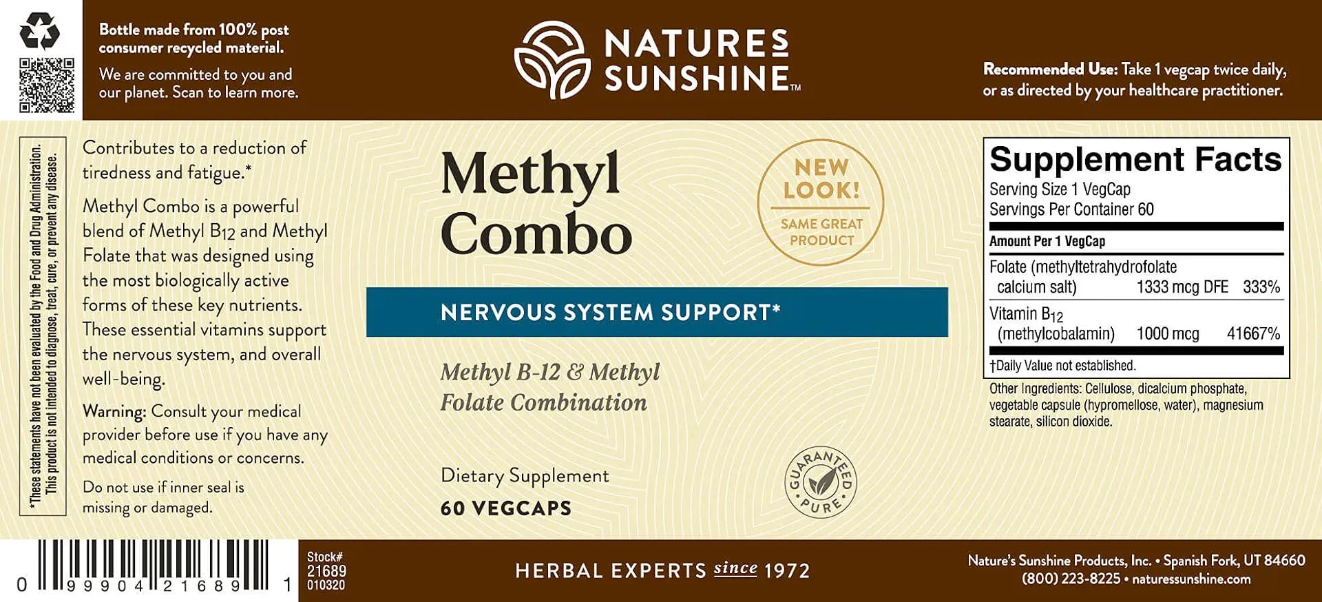 Closeup of the nutrition panel on Nature's Sunshine Methyl Combo bottle
