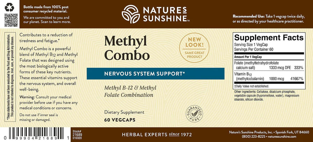 Closeup of the nutrition panel on Nature's Sunshine Methyl Combo bottle