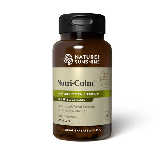 Nature's Sunshine Nutri-Calm tablets on bottle front, supports occasional stress.
