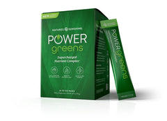 Nature's Sunshine Power Greens bottle closeup for gut-friendly daily nutrition.