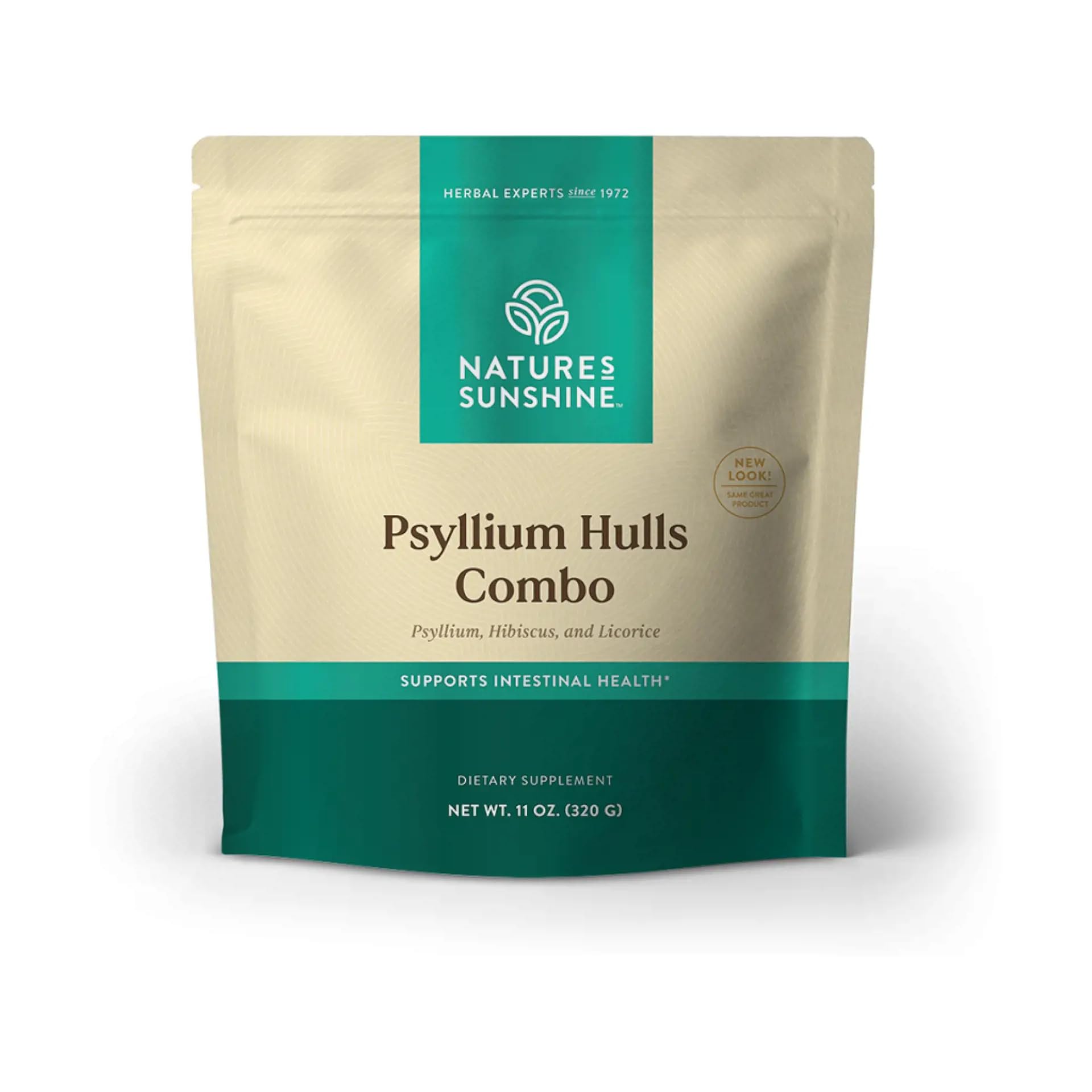 Nature's Sunshine Psyllium Hulls bottle pour shows convenient fiber dose for daily use