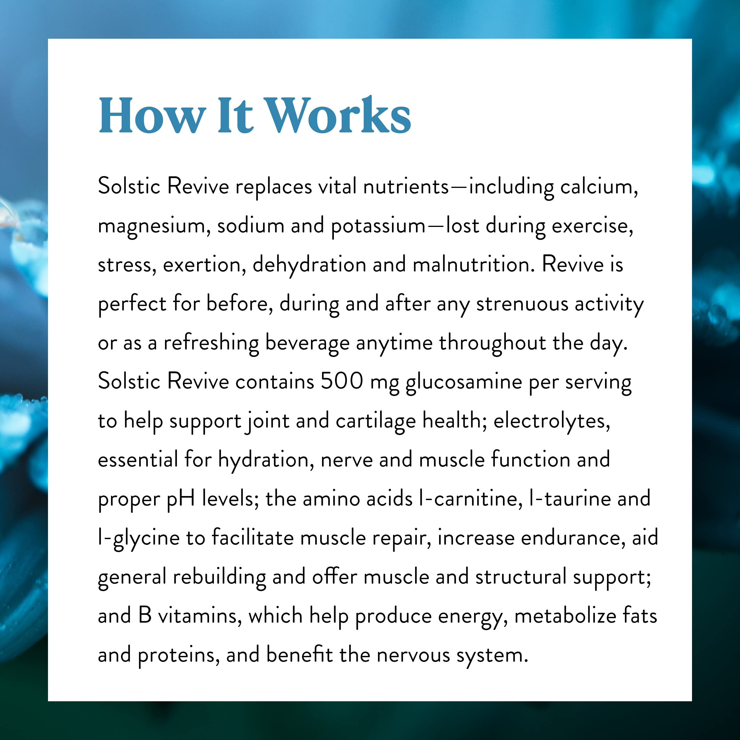 Ingredient panel showing glucosamine content and amino acids in Solstic Revive.