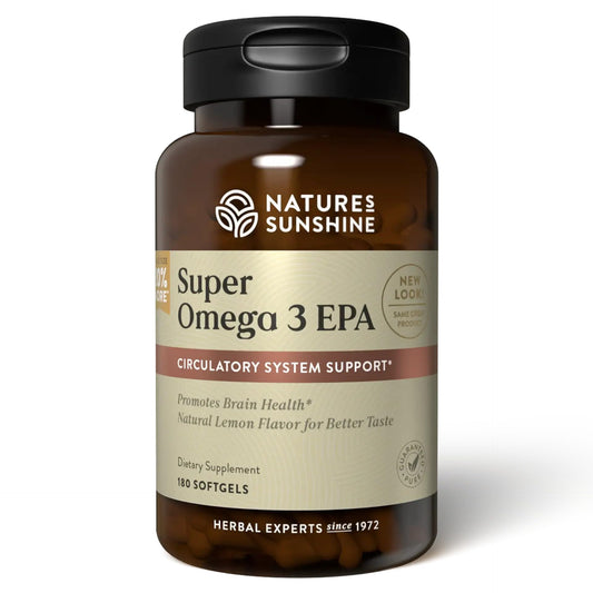 Nature's Sunshine Super Omega-3 EPA 180 Softgels bottle front view supports daily omega-3 intake.