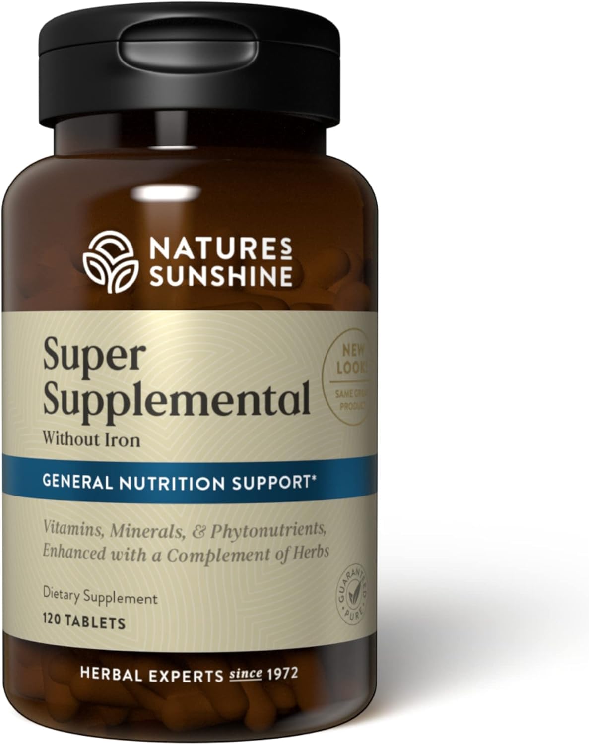 Nature's Sunshine Super Supplemental bottle with iron-free formula for daily wellness.