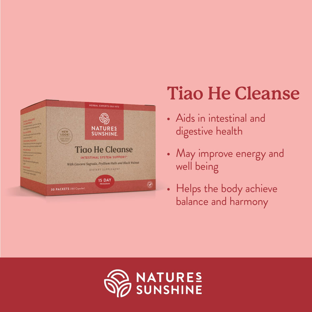 Nature's Sunshine Tiao He Herbal Cleanse bottle side with ingredient highlights for digestion.