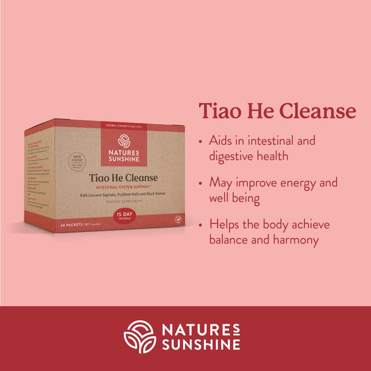 Nature's Sunshine Tiao He Herbal Cleanse bottle side with ingredient highlights for digestion.