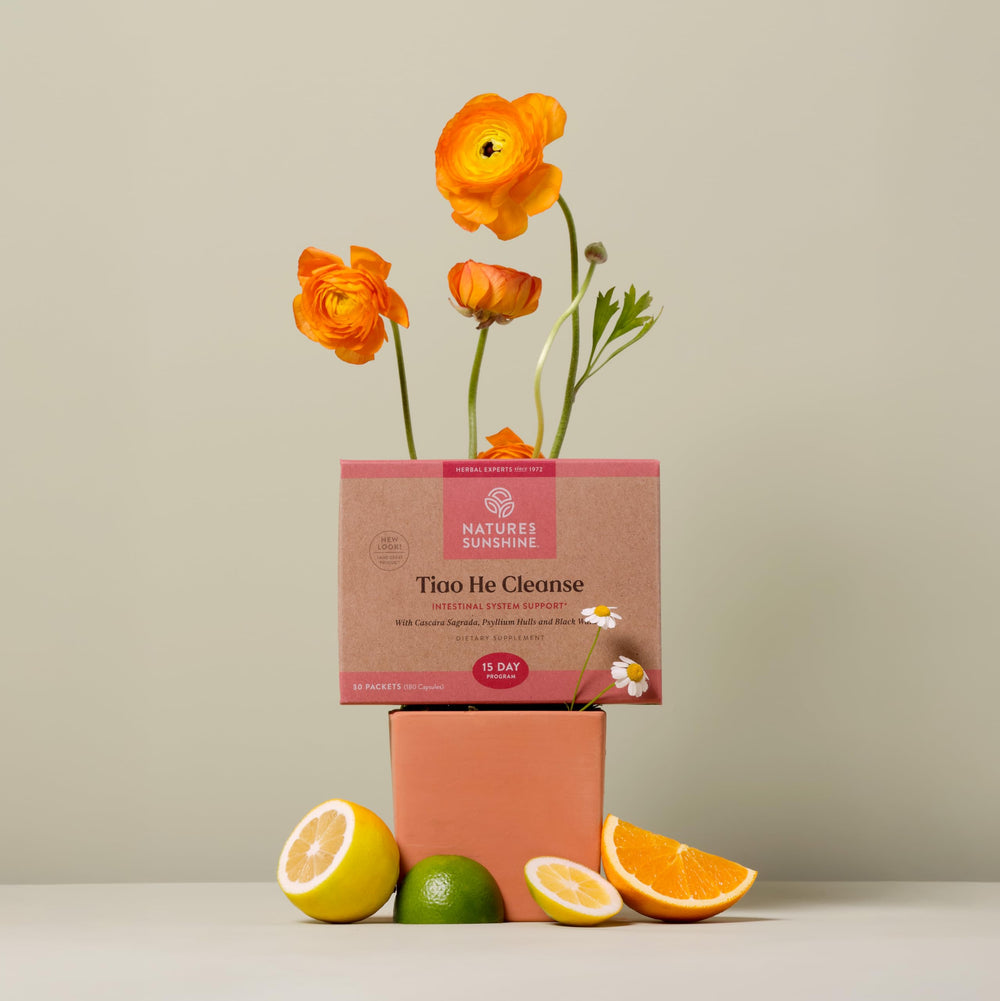 Nature's Sunshine Tiao He Herbal Cleanse box packaging emphasizes detox and traditional herbs.