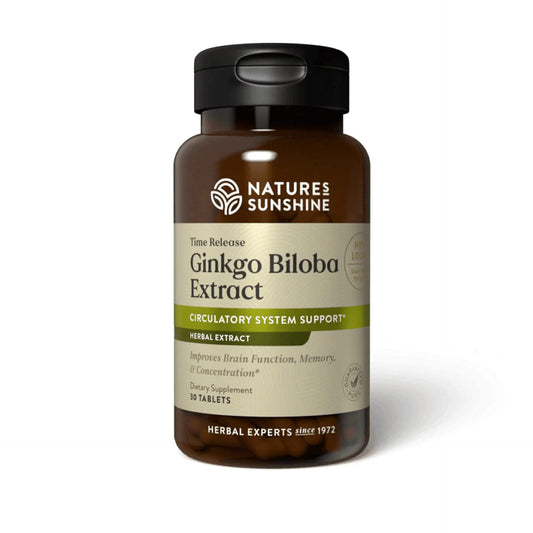 Nature's Sunshine time-release ginkgo biloba bottle front for daily brain support.