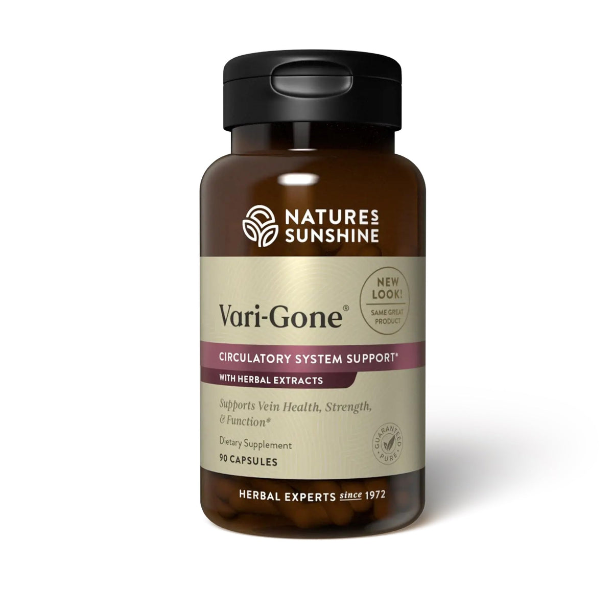 Nature's Sunshine Vari-Gone bottle close-up emphasizing vein health support
