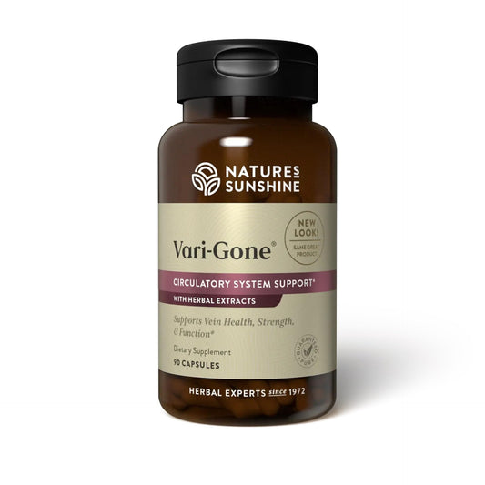 Nature's Sunshine Vari-Gone bottle close-up emphasizing vein health support