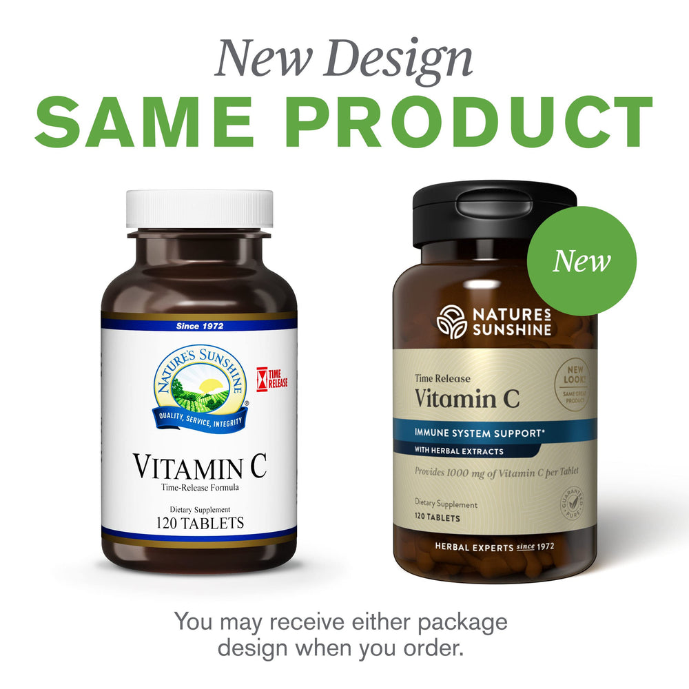 Bottle with leaf motif from Nature's Sunshine Vitamin C Time Release for daily wellness.