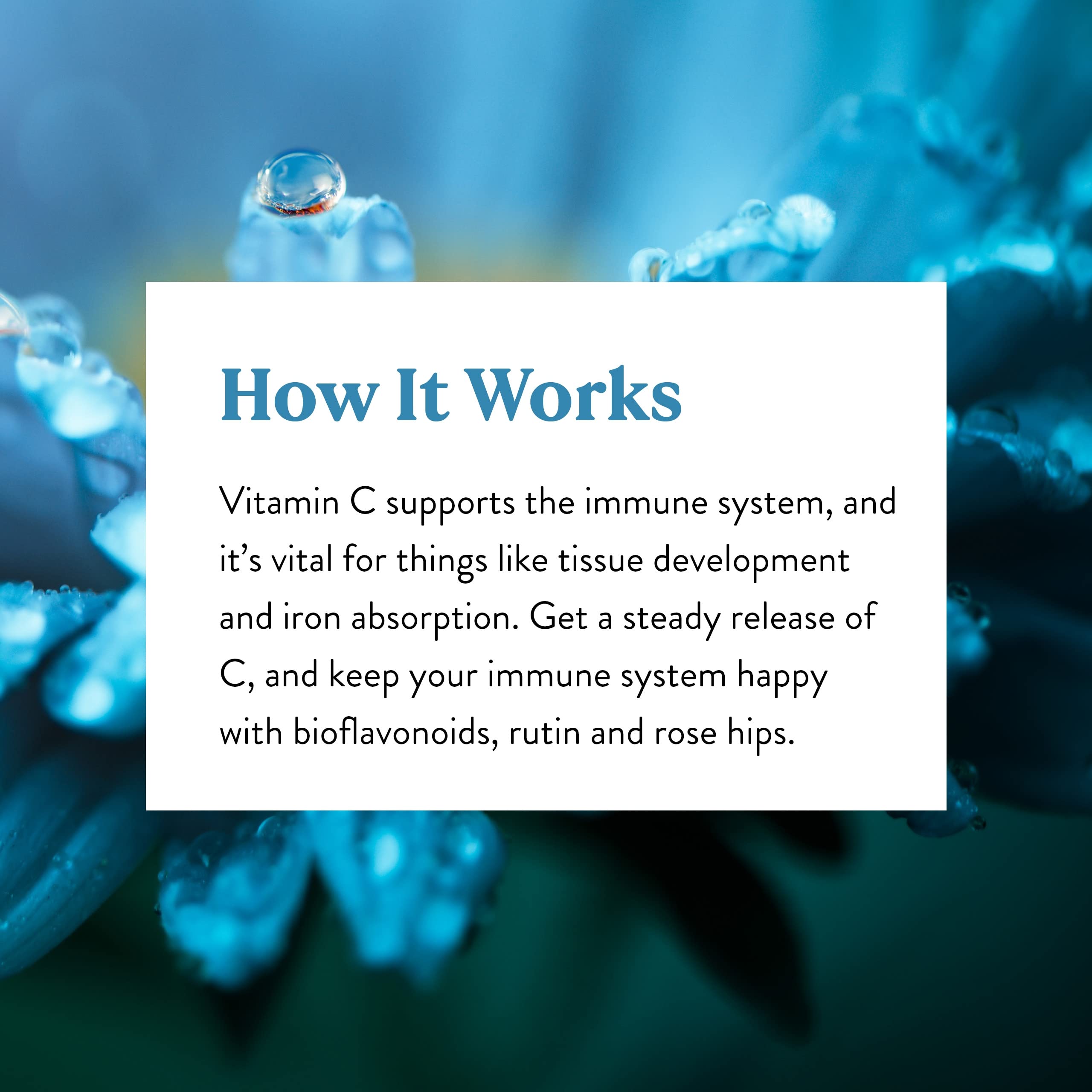 Glass of water beside Nature's Sunshine Vitamin C Time Release bottle for daily dosing.