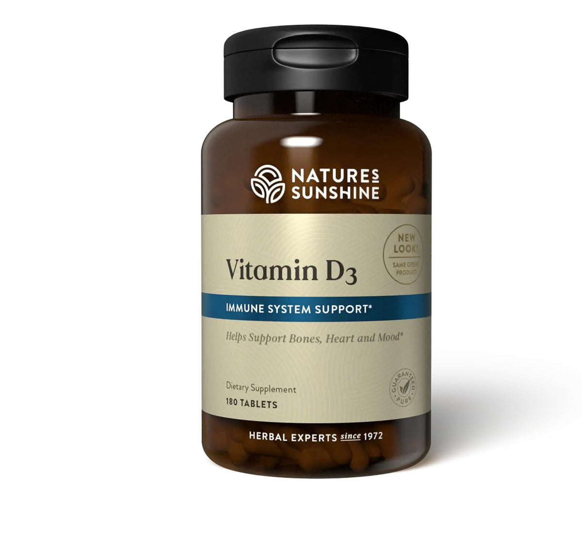 Nature's Sunshine Vitamin D3 bottle with label showing 180 tablets, bone support