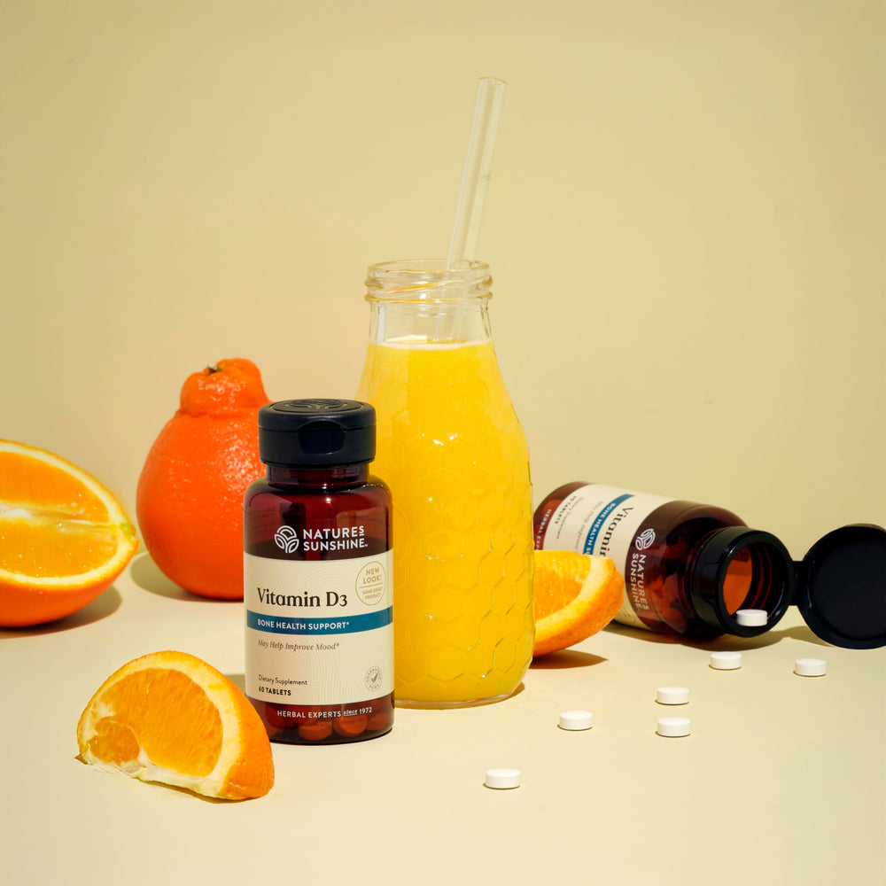 Nature's Sunshine Vitamin D3 bottle on shelf for daily wellness