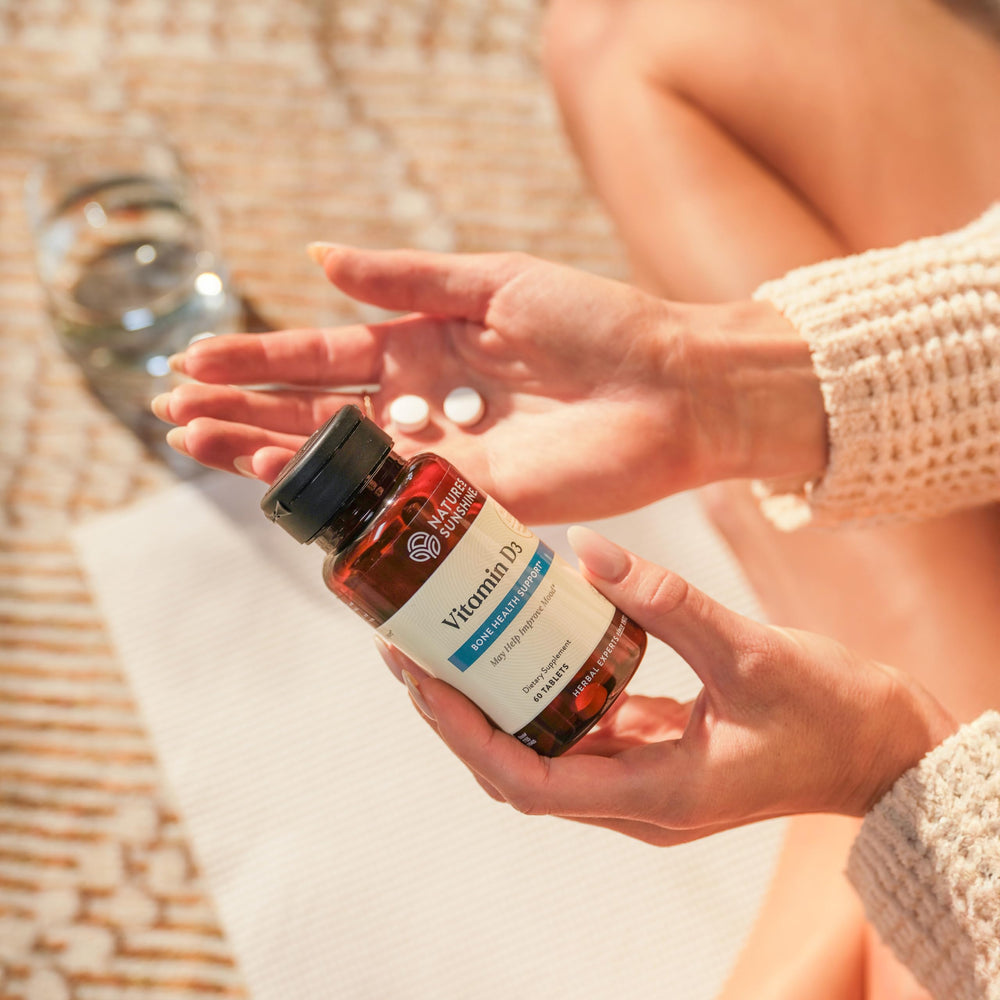 Nature's Sunshine Vitamin D3 label shows 100 mcg per 2 tablets