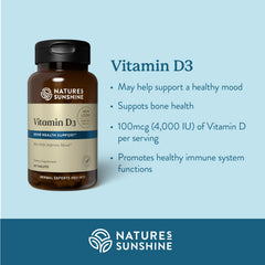Close-up of Nature's Sunshine Vitamin D3 tablets for daily mood and wellness