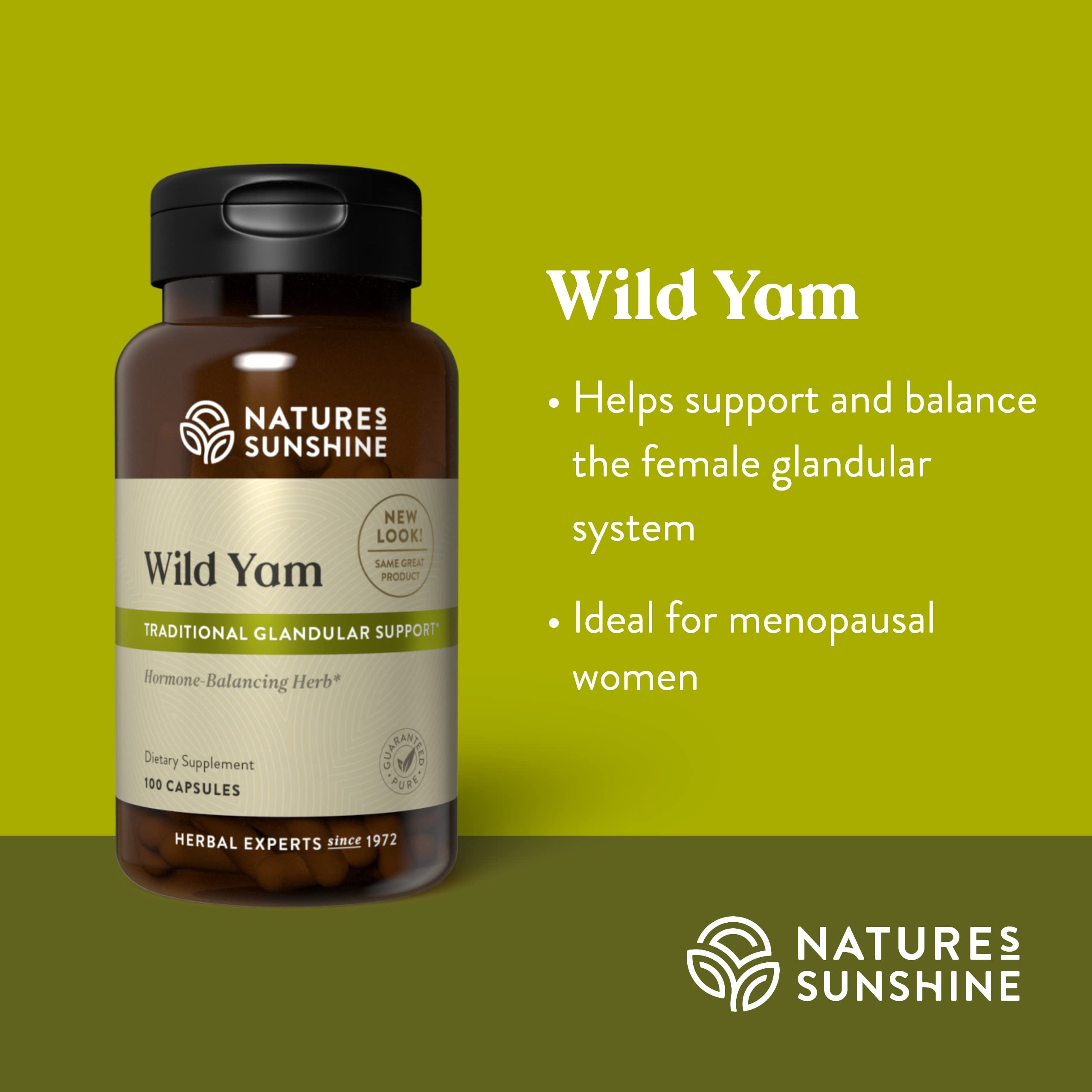 Nature's Sunshine Wild Yam Capsules packaging on shelf reflects a trusted herbal brand.