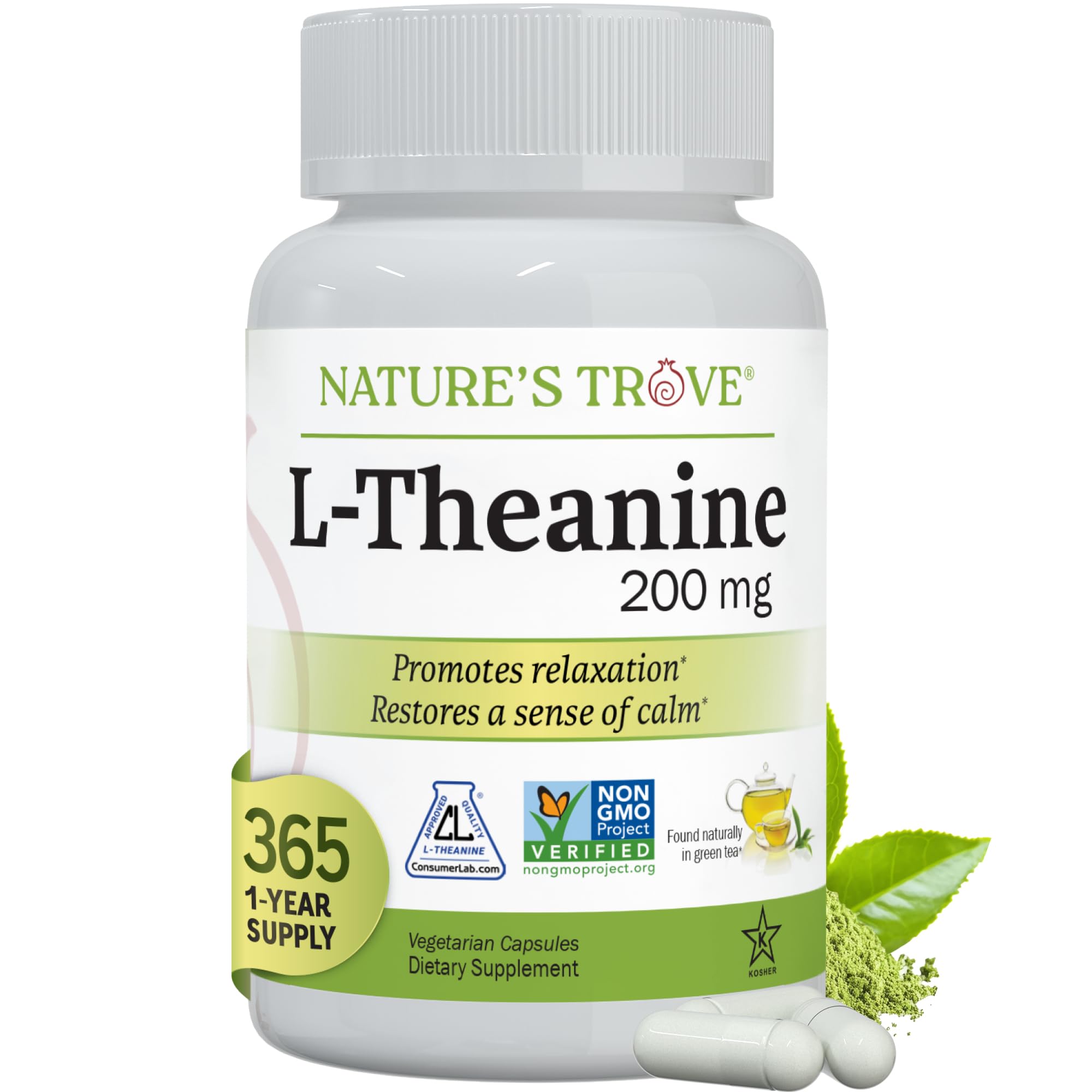 Nature's Trove L-Theanine 200mg bottle promotes a gentle, non-drowsy calm.
