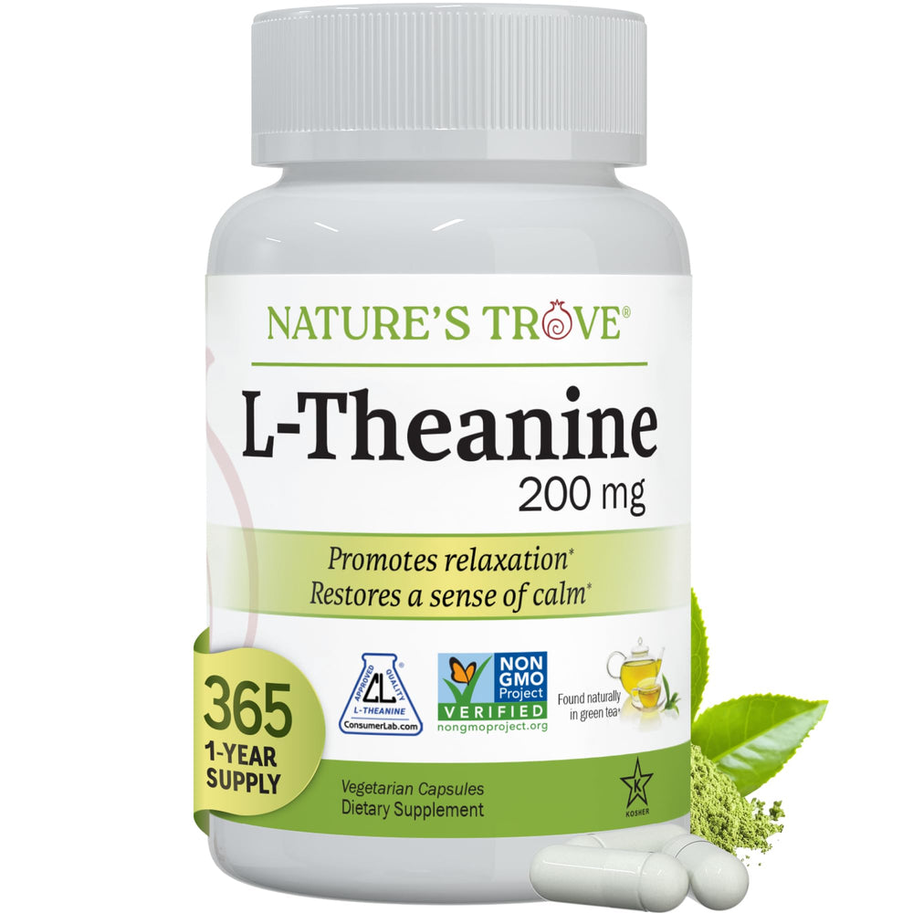 Nature's Trove L-Theanine 200mg bottle promotes a gentle, non-drowsy calm.