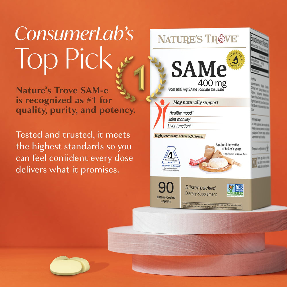 Nature's Trove SAM-e enteric-coated caplets showing absorption potential