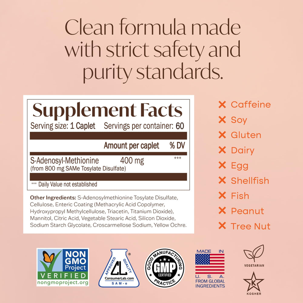 Nature's Trove SAM-e 400mg packaging highlights soy-free and gluten-free attributes