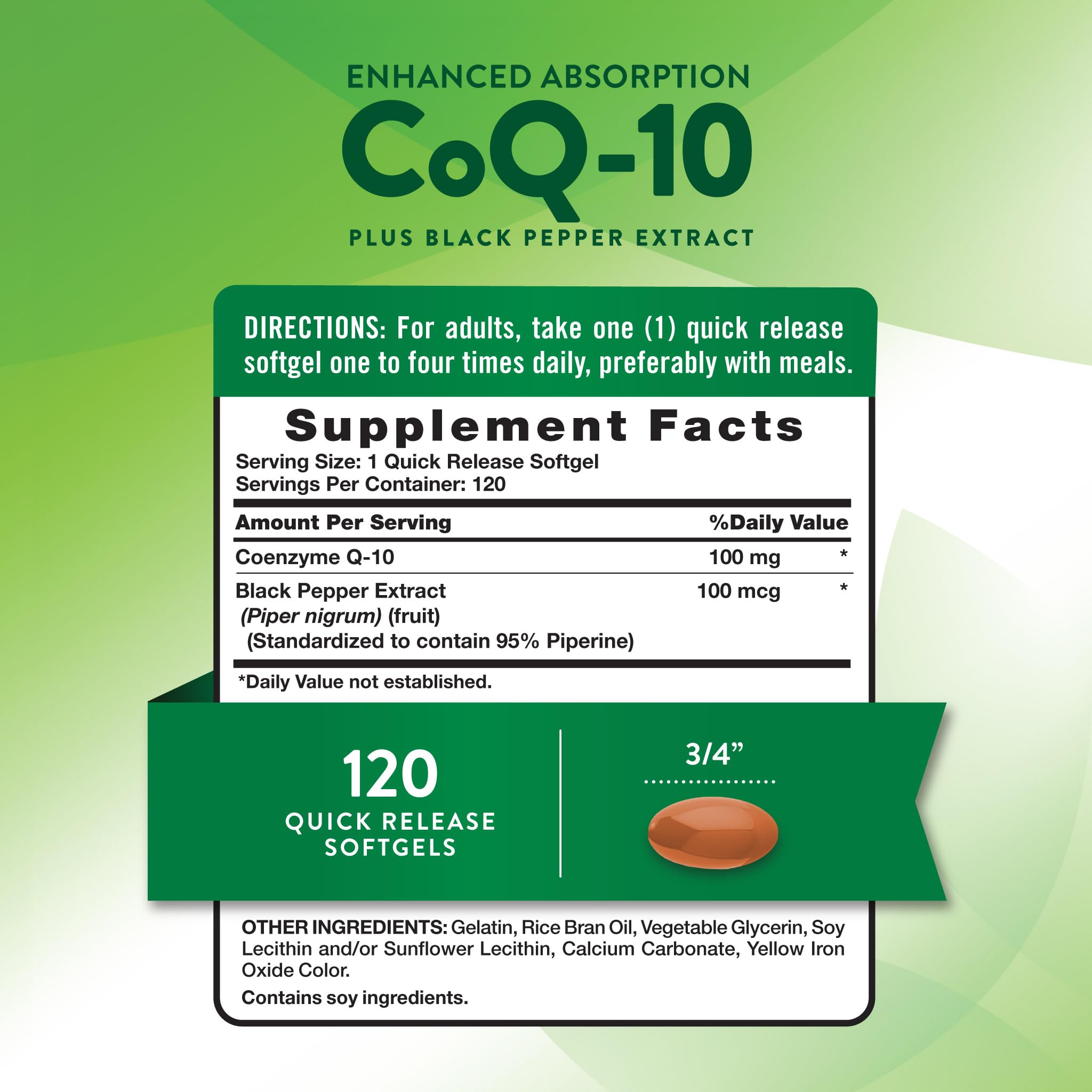 Nature's Truth CoQ10 120 softgels bottle side view for easy daily intake
