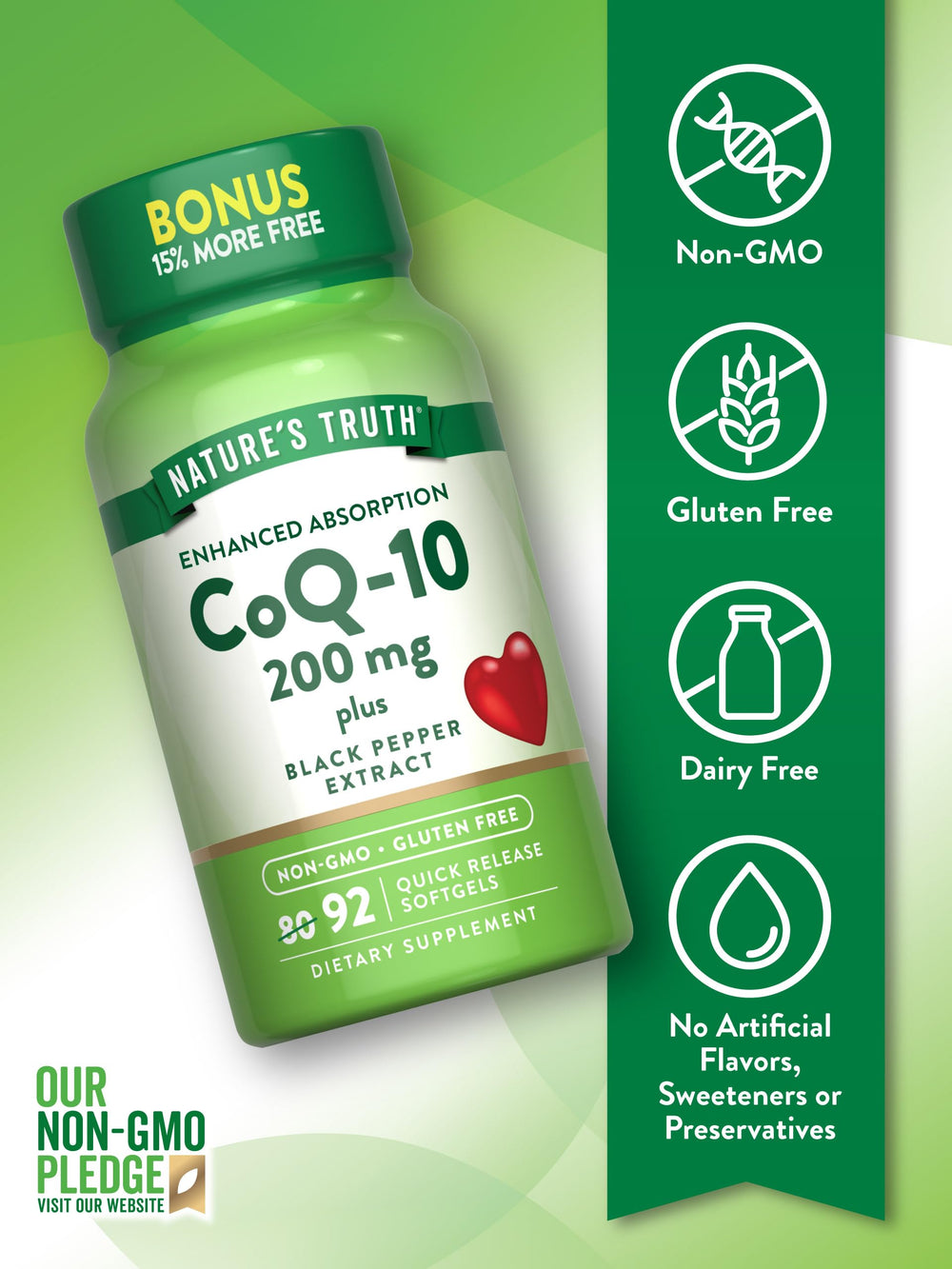 Nature's Truth CoQ10 bottle spill illustrating easy-to-swallow softgels