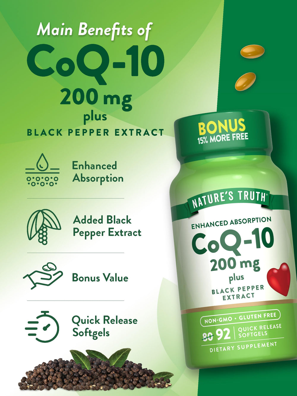 Nature's Truth CoQ10 gluten-free and non-GMO seal on label