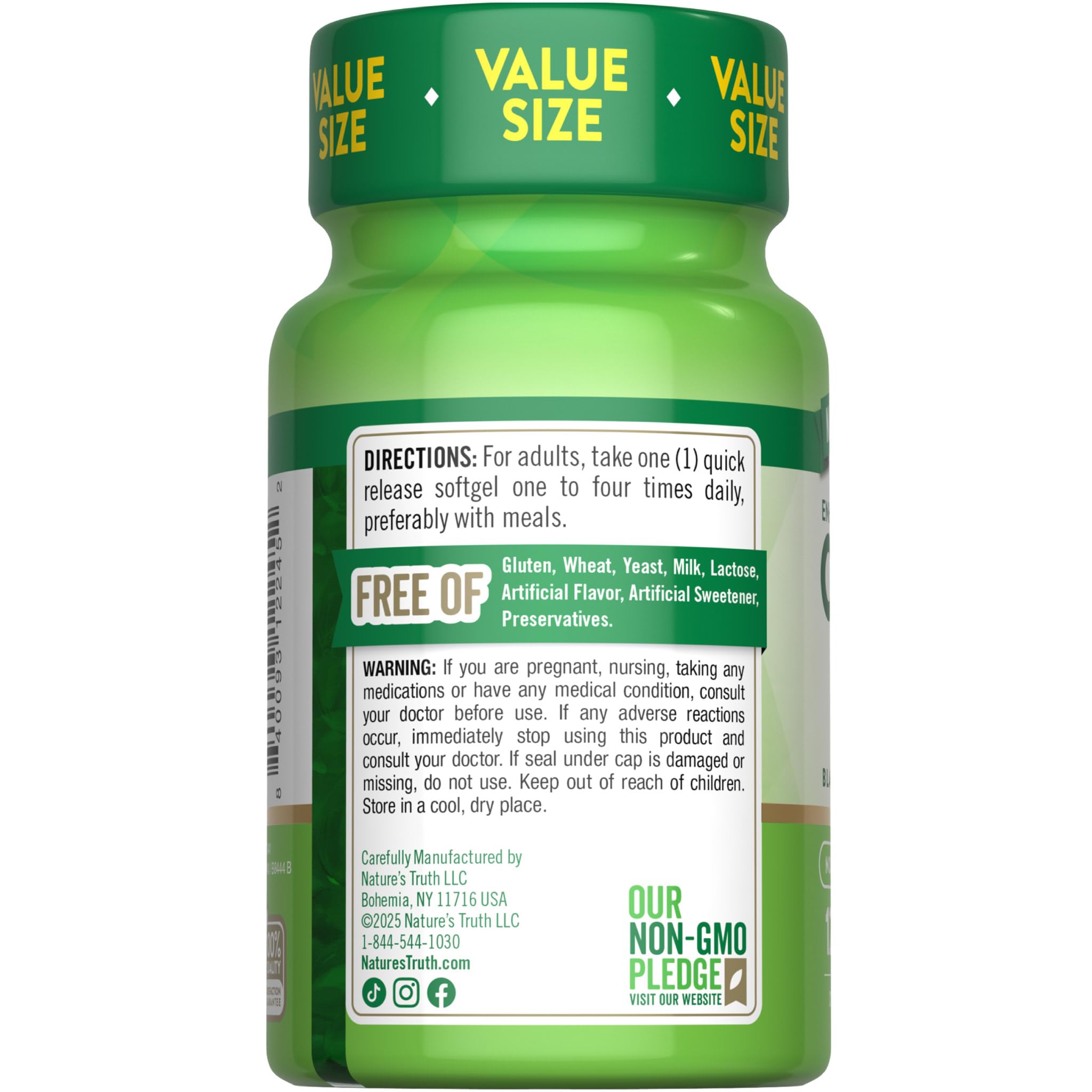 Nature's Truth CoQ10 softgels close-up, easy-to-swallow capsules for daily use