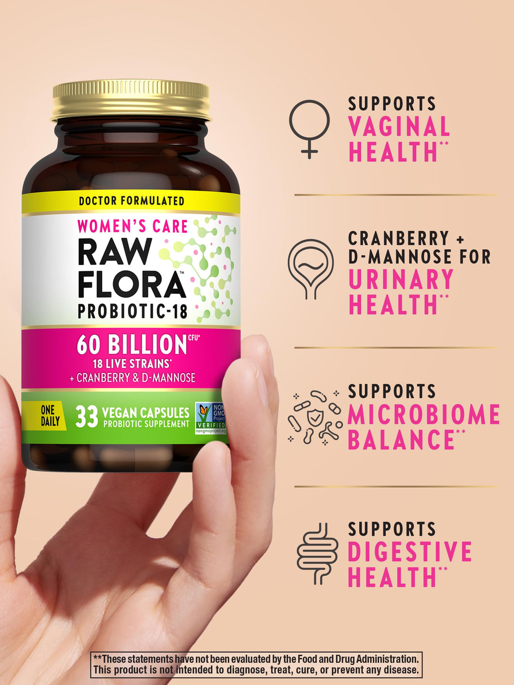 Raw Flora label close-up highlighting 60 billion CFU and 18 probiotic strains