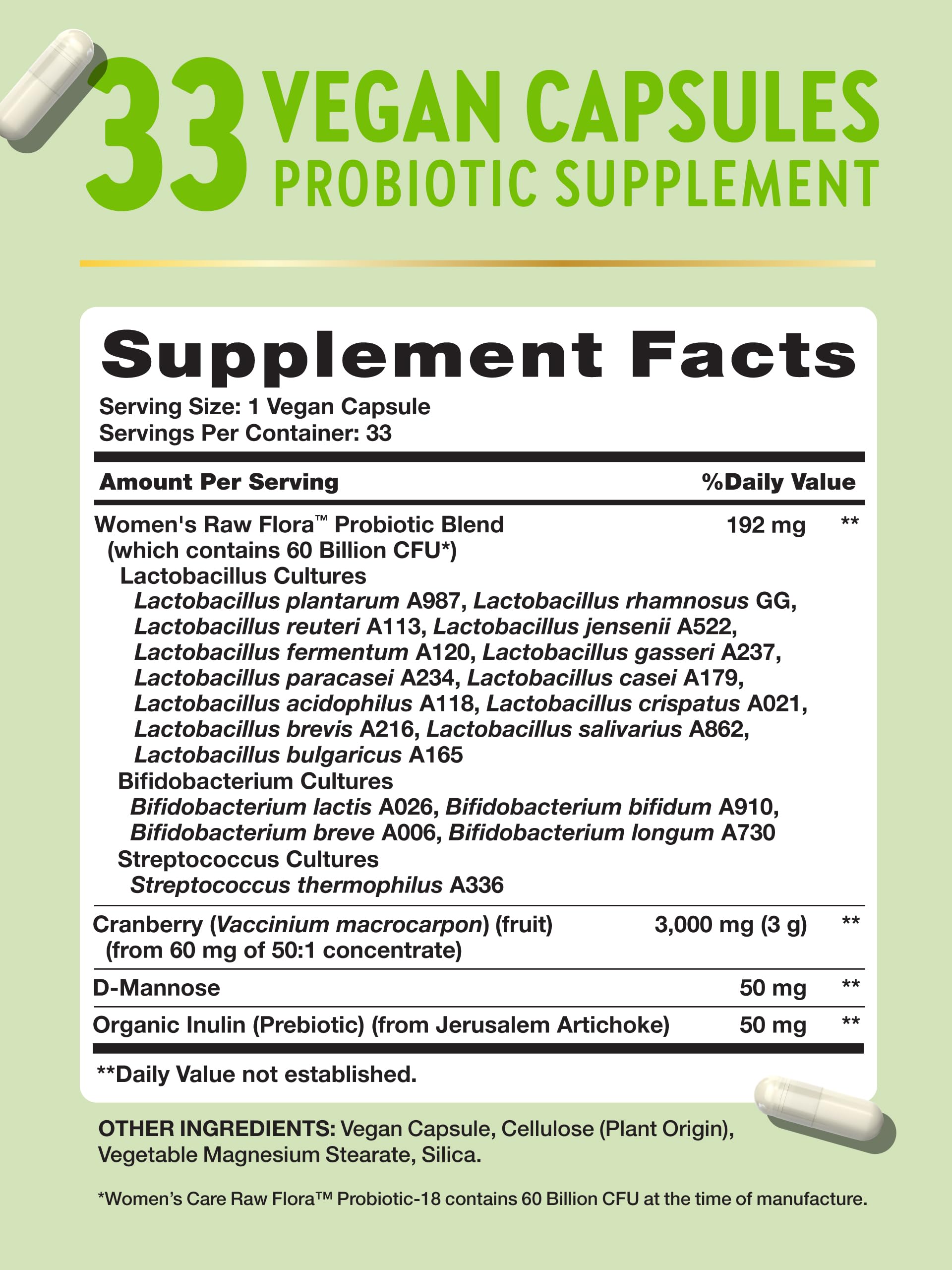 Nature's Truth Raw Flora capsules in focus supporting women's wellness with cranberry and D-Mannose