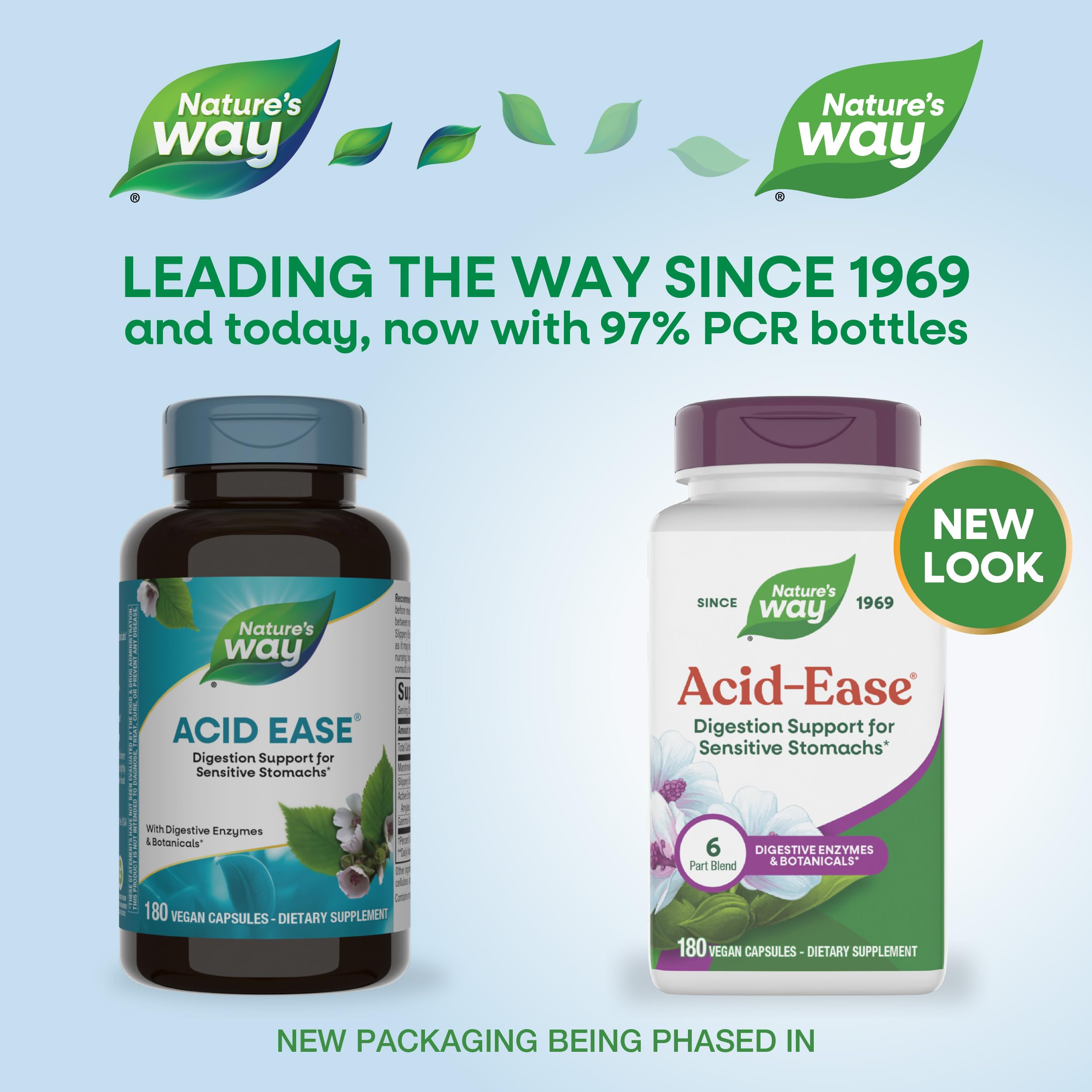 Nature's Way Acid Ease bottle back highlighting ingredients and usage guidance.