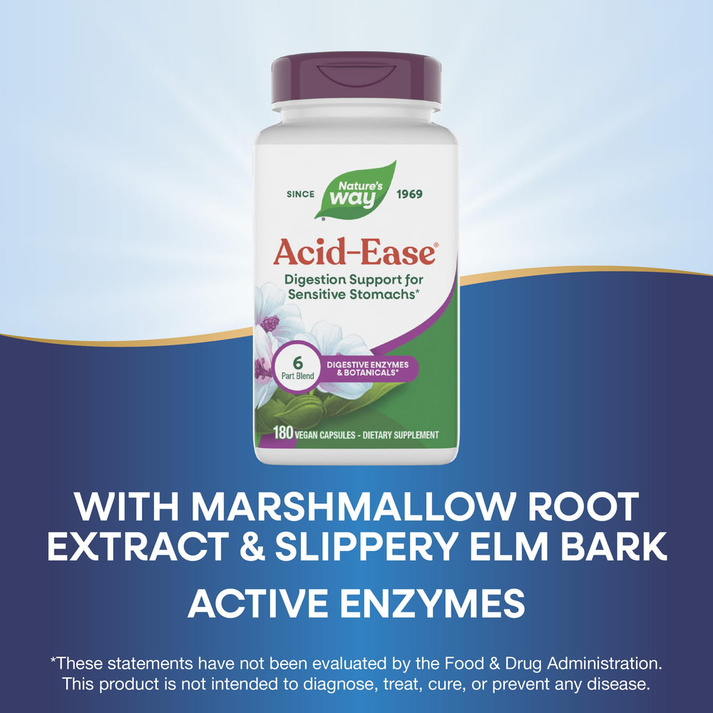 Nature's Way Acid Ease ingredients panel featuring marshmallow root and slippery elm.