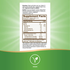 Vegan-friendly, plant-based omega-3 label highlights purity and quality.