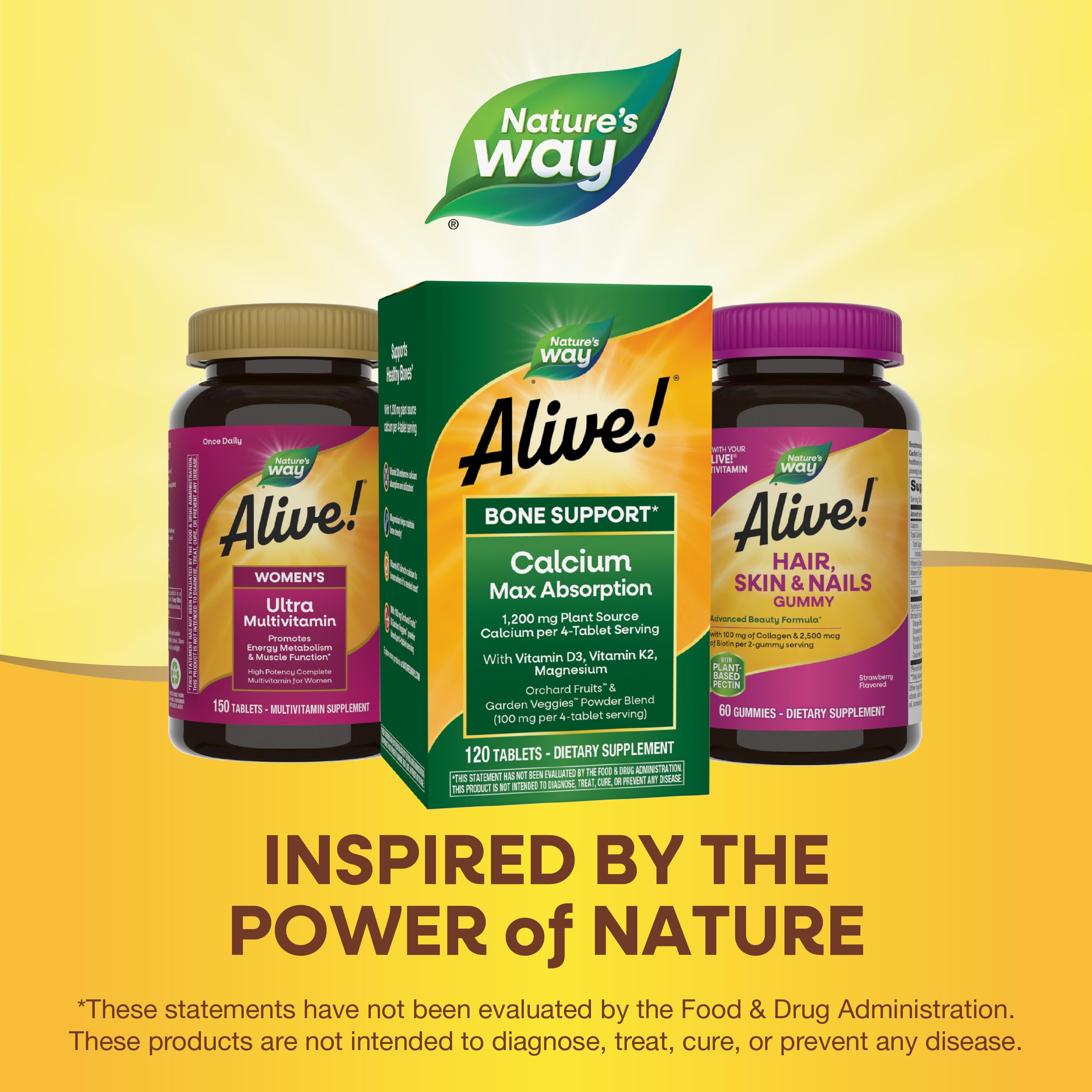 Nature's Way Alive bottle of 120 tablets emphasizes eco-friendly, vegetarian supplement