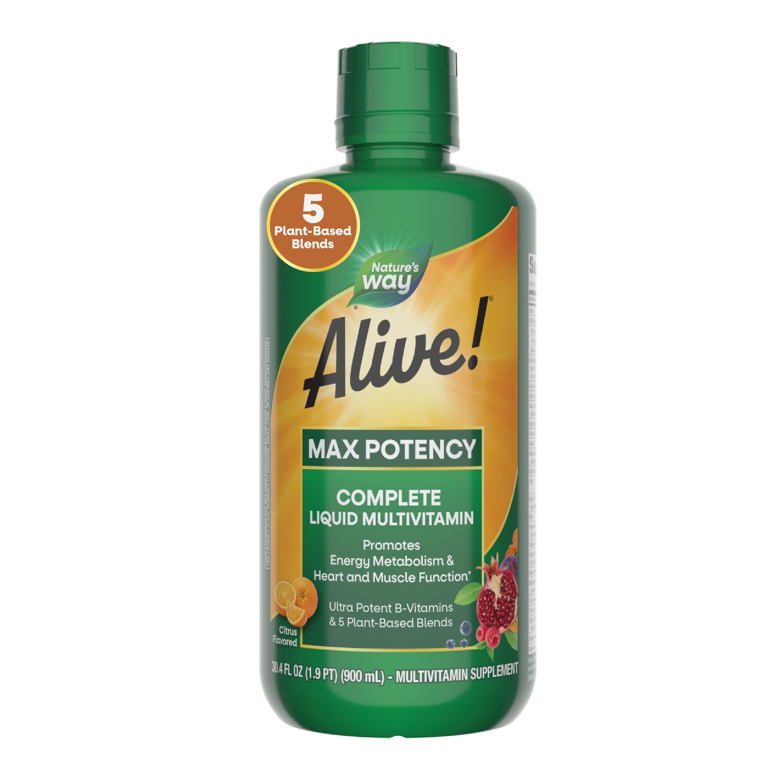 Nature's Way Alive Max Potency liquid multivitamin bottle pour for quick daily intake.