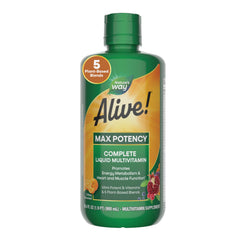 Nature's Way Alive Max Potency liquid multivitamin bottle pour for quick daily intake.