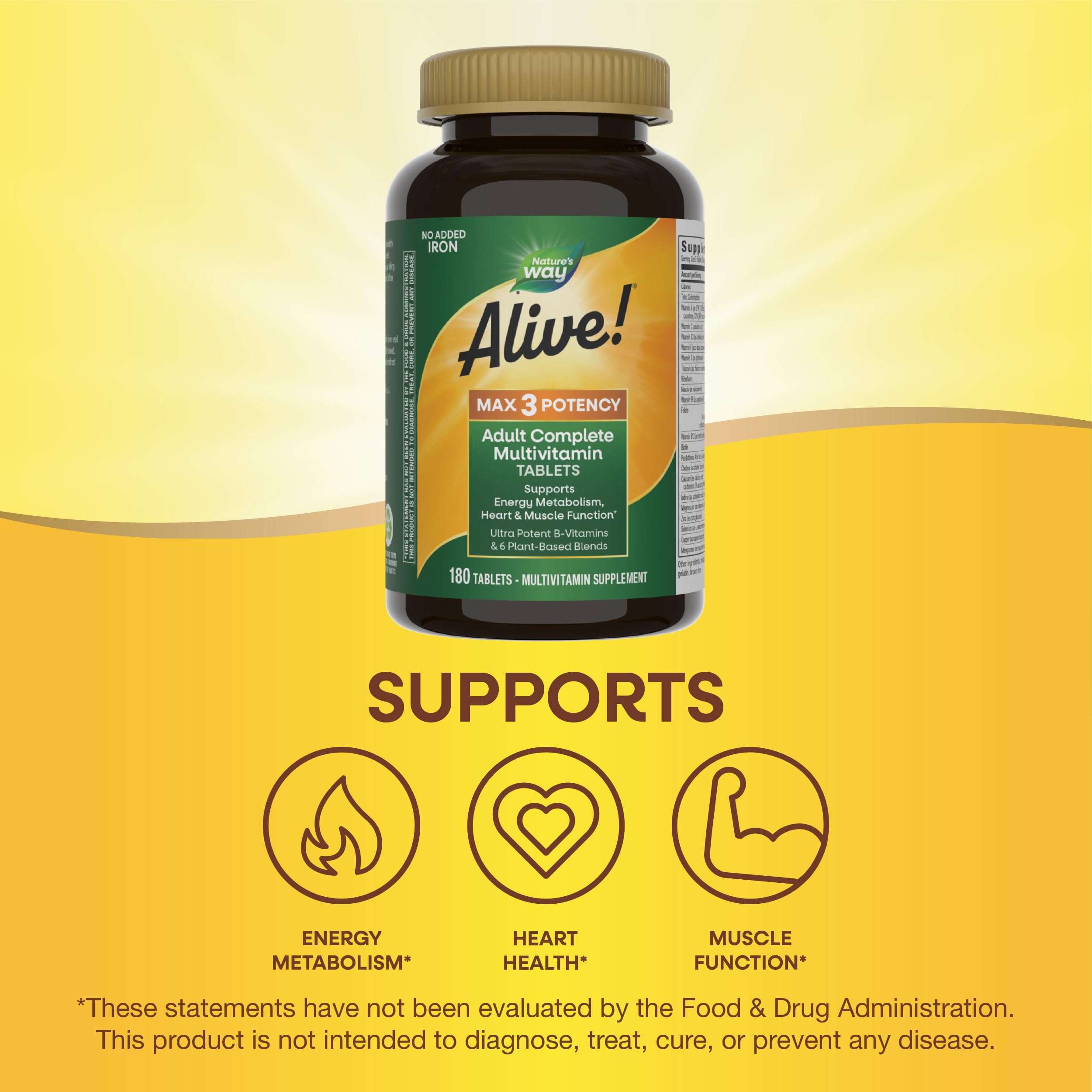 Nature's Way Alive! Max3 bottle with label emphasizing no iron formula.
