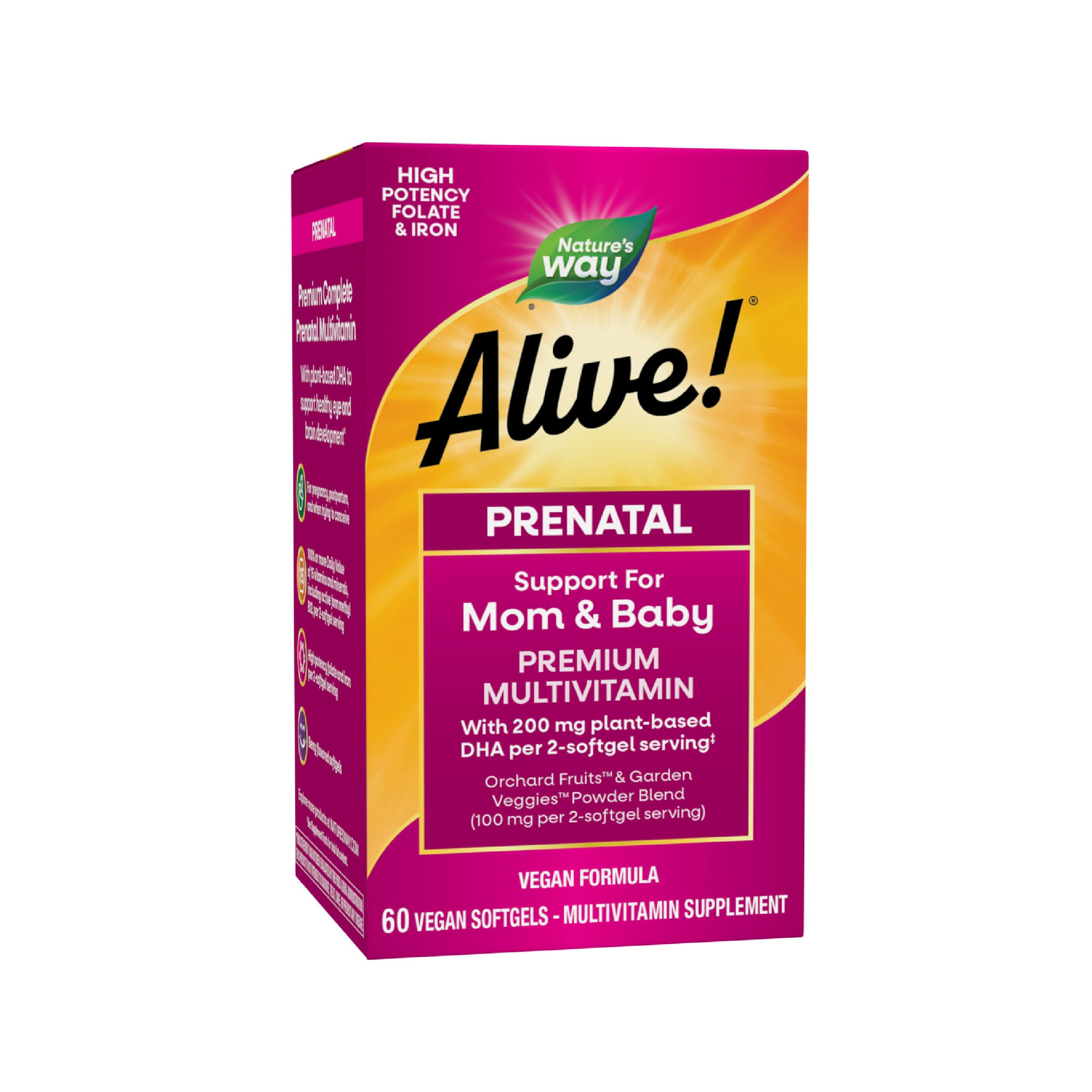 Nature's Way Alive prenatal bottle front, showcasing a complete vegan multivitamin for mom and baby.