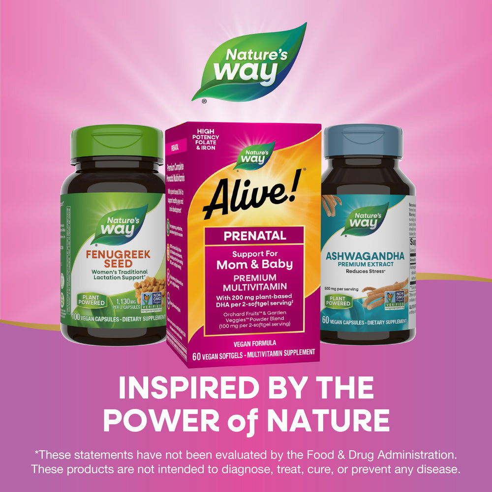 Nature's Way Alive prenatal packaging image featuring 60 vegan softgels.
