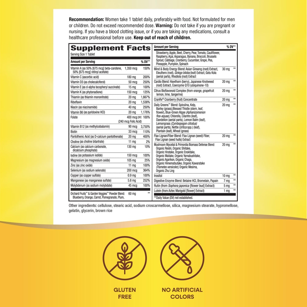 Nature’s Way Alive! Women 50+ label highlighting gluten-free, no artificial colors